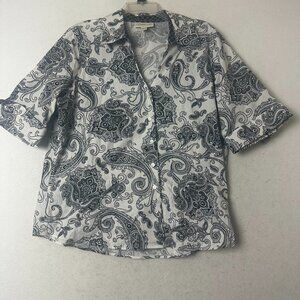 Coldwater Creek shirt blouse sz  1X Black white Paisley V Neck office siren work